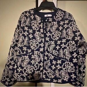 Elegant Navy and White Embroidered Women's Jacket